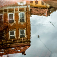Vilnius: A vibrant reflection of historic Vilnius architecture in a rain-slicked cobblestone street
