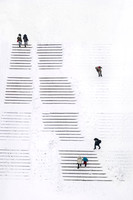 A Vilnius Winter Sonata  40 x 60  9/45  Figures walk up snow-covered steps, creating a rhythmic, minimalist winter composition in Vilnius.