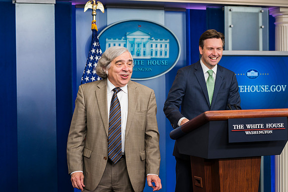 Energy Secretary Ernest Moniz and Josh Earnest