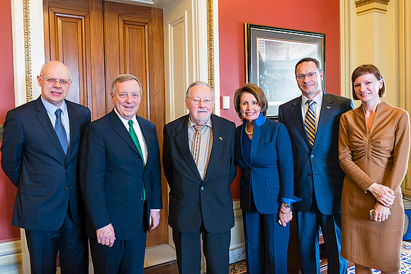 Ambassador Norkus Senator Durbin, Professor Landsbergis, Speaker Pelosi, AmbassadorPavilionis, and Monika Garbačiauskaitė-Budrienė