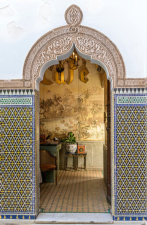 Dar el Bacha  Ornate Moroccan archway looking into the historic, tiled interior of Dar el Bacha, Marrakech