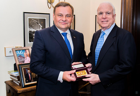 Senator McCain in his office with Speaker of Lithuanian Parliament